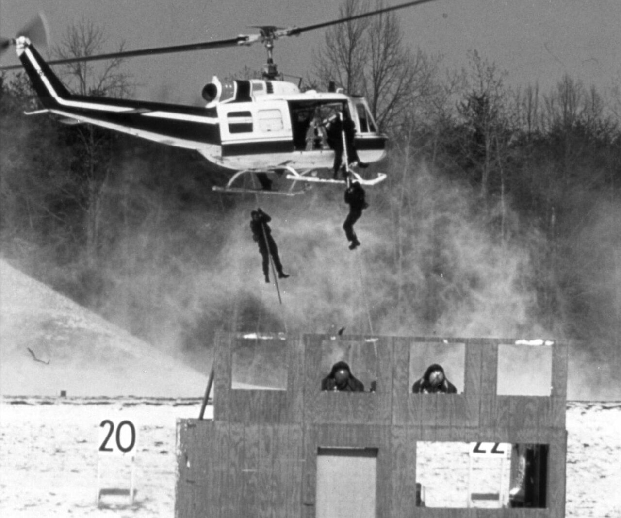 FBI Hostage Rescue Team fast roping from a helicopter in the 1980s.jpg