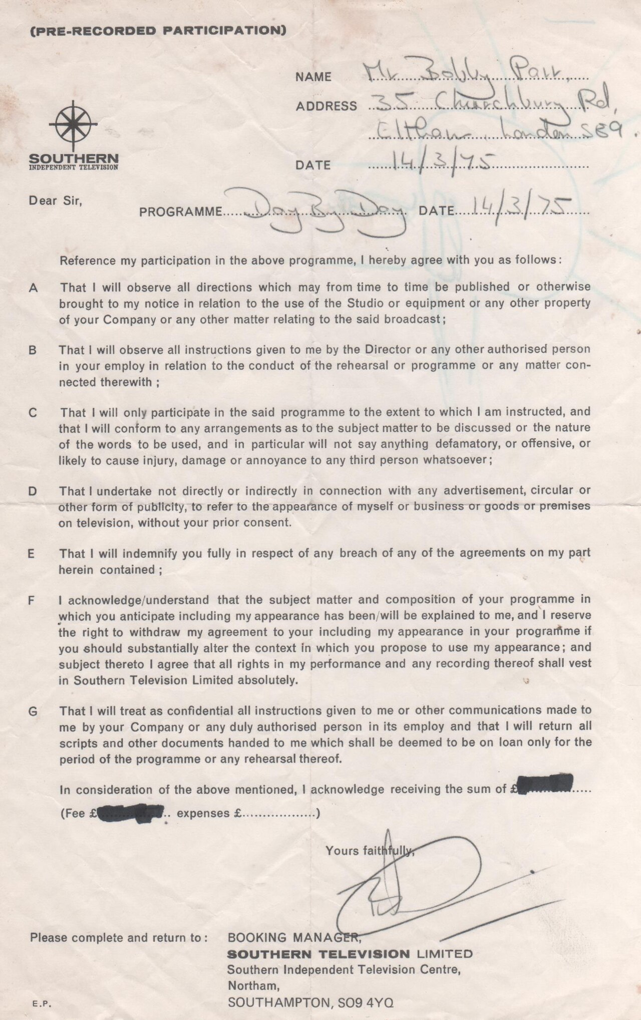 Contract for the participation in a television programme, 1975