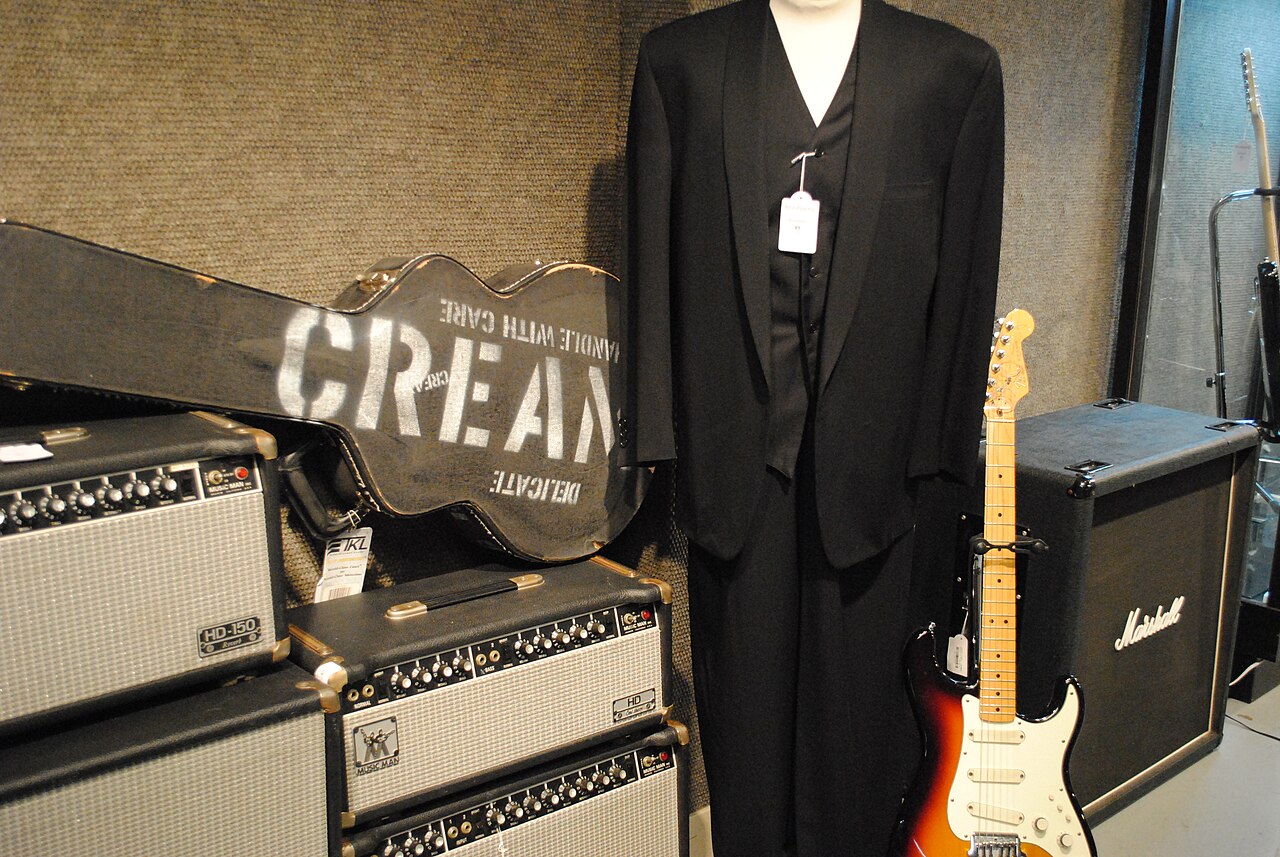 Gianni Versace designed Stage Suit, 1983-84 Fender Stratocaster Elite Model, 2005 Gibson ES-335 Crossroads Model Prototype 4, Music Man, Marshall (Bonhams auction 19226) close-up.jpg